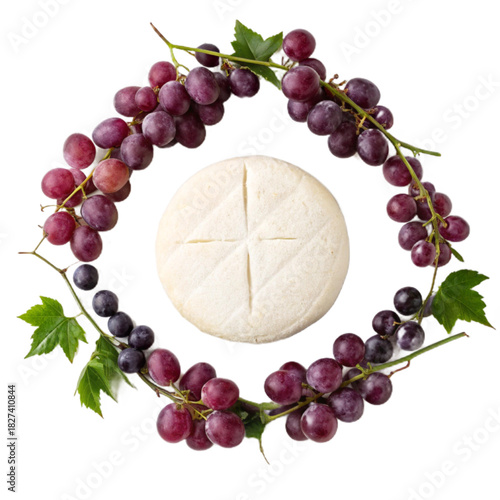 Artisan goat cheese wheel surrounded by vibrant red grapes on the vine, delicious gourmet food perfect for blogs, magazines, and culinary projects