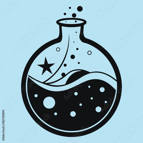 Potion Bottle with Star and Bubbles on Blue Background