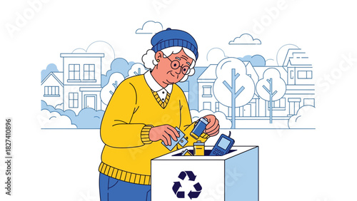 Senior responsibly recycling old electronics at a drop-off point. Suitable for technology waste education, eco-friendly disposal campaigns, and sustainability visuals