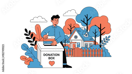 Man donating reusable clothing to charity rather than discarding it. Perfect for conscious consumer themes, sustainability messaging, and eco responsibility visuals
