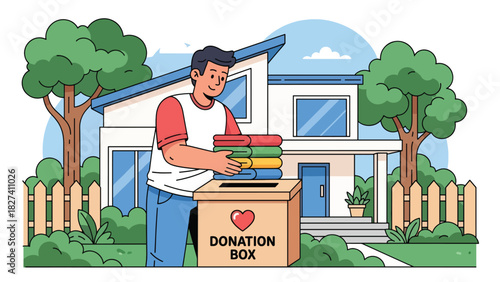 Man donating reusable clothing to charity rather than discarding it. Perfect for conscious consumer themes, sustainability messaging, and eco responsibility visuals