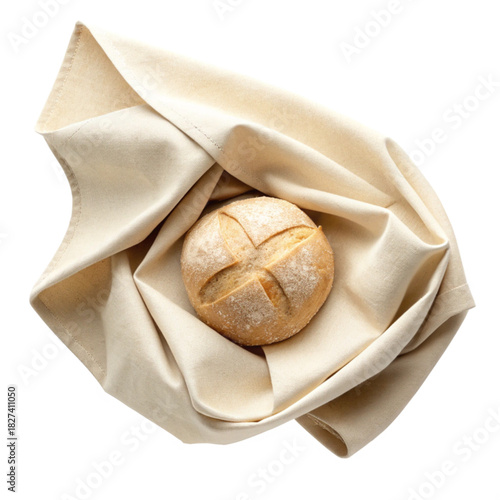 Fresh baked bread roll wrapped in linen, perfect for a bakery menu or rustic food blog, capturing simple pleasures and culinary delights elegantly