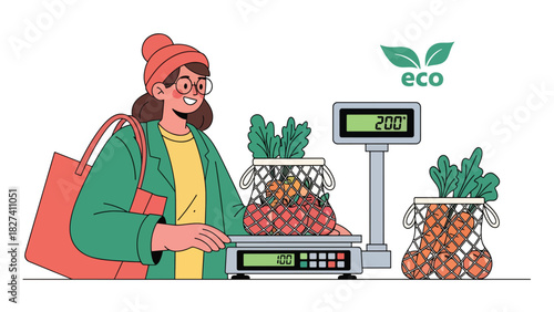 Person purchasing fresh food using reusable mesh produce bags. Ideal for plastic-free shopping, zero waste routines, and eco consumer awareness