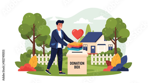 Man donating reusable clothing to charity rather than discarding it. Perfect for conscious consumer themes, sustainability messaging, and eco responsibility visuals