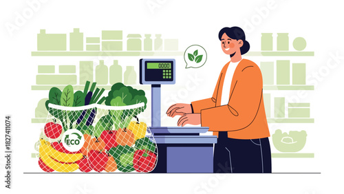 Person purchasing fresh food using reusable mesh produce bags. Ideal for plastic-free shopping, zero waste routines, and eco consumer awareness