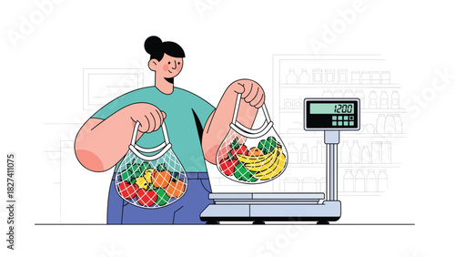 Person purchasing fresh food using reusable mesh produce bags. Ideal for plastic-free shopping, zero waste routines, and eco consumer awareness