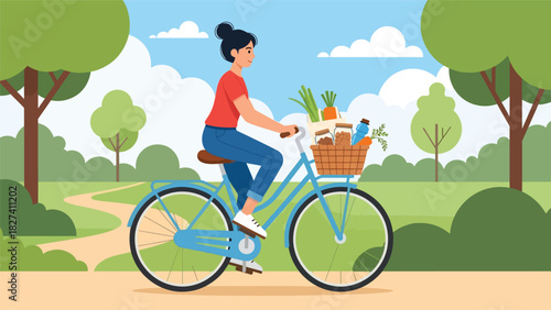 Woman riding a bicycle with a basket full of reusable groceries, promoting eco-friendly commuting and zero waste shopping habits