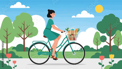 Woman riding a bicycle with a basket full of reusable groceries, promoting eco-friendly commuting and zero waste shopping habits