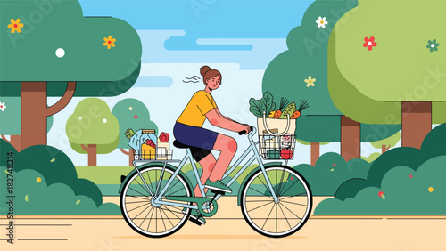 Woman riding a bicycle with a basket full of reusable groceries, promoting eco-friendly commuting and zero waste shopping habits