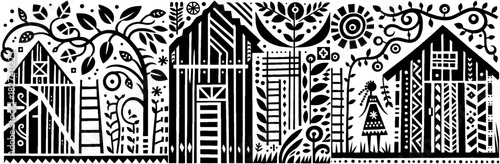 Whimsical Black and White Village Illustration with Folk Art Elements.