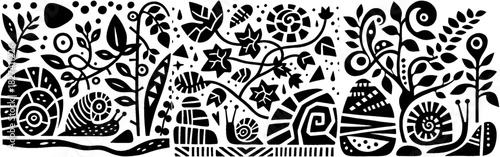 Whimsical Black and White Snail Garden Illustration with Intricate Details.