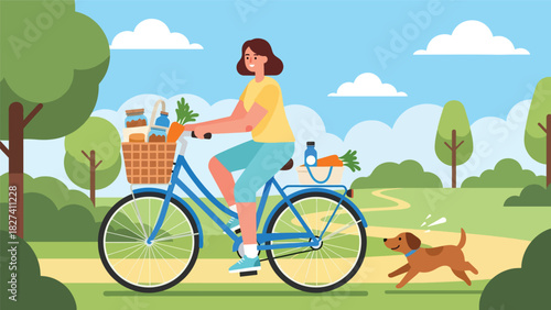 Woman riding a bicycle with a basket full of reusable groceries, promoting eco-friendly commuting and zero waste shopping habits