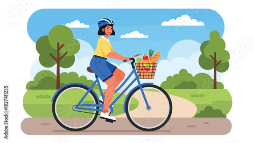 Woman riding a bicycle with a basket full of reusable groceries, promoting eco-friendly commuting and zero waste shopping habits