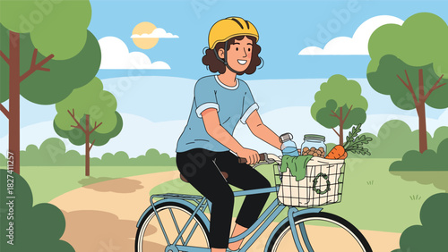 Woman riding a bicycle with a basket full of reusable groceries, promoting eco-friendly commuting and zero waste shopping habits