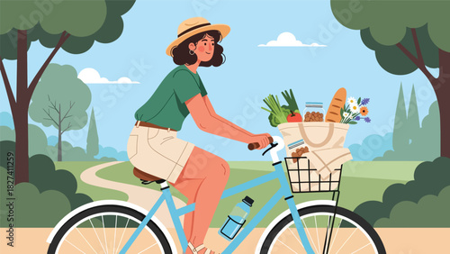 Woman riding a bicycle with a basket full of reusable groceries, promoting eco-friendly commuting and zero waste shopping habits