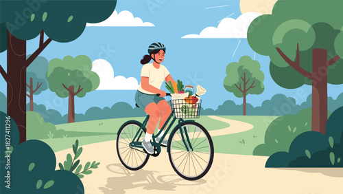 Woman riding a bicycle with a basket full of reusable groceries, promoting eco-friendly commuting and zero waste shopping habits