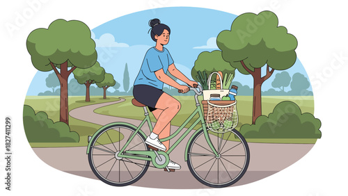 Woman riding a bicycle with a basket full of reusable groceries, promoting eco-friendly commuting and zero waste shopping habits