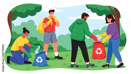 Group participating in community cleanup collecting waste in reusable bags. Ideal for environmental activism campaigns and zero waste awareness projects