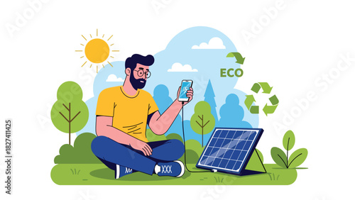 Man using solar powered charger outdoors while practicing sustainable zero waste living. Ideal for renewable energy education and eco lifestyle content