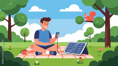 Man using solar powered charger outdoors while practicing sustainable zero waste living. Ideal for renewable energy education and eco lifestyle content