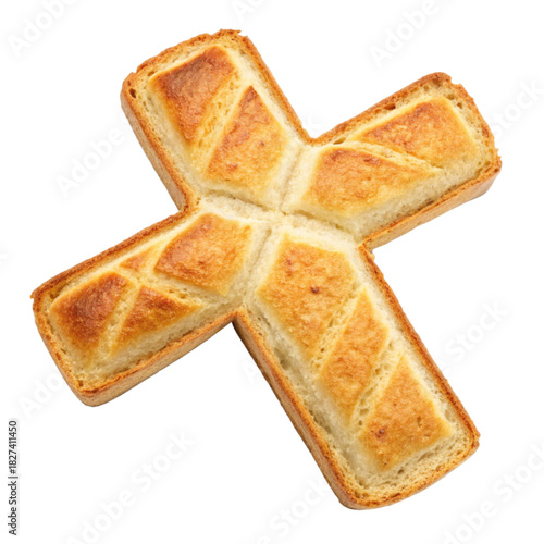 Golden cross made of fresh toast, a symbol of faith, hope, and morning blessings, perfect for religious celebrations, Easter brunch, and thoughtful designs
