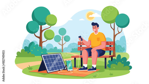 Man using solar powered charger outdoors while practicing sustainable zero waste living. Ideal for renewable energy education and eco lifestyle content