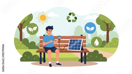 Man using solar powered charger outdoors while practicing sustainable zero waste living. Ideal for renewable energy education and eco lifestyle content