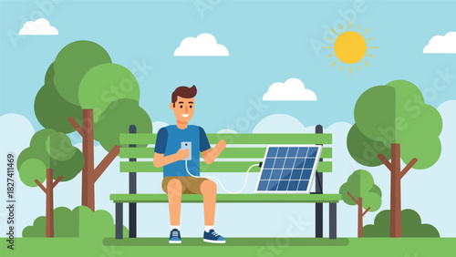 Man using solar powered charger outdoors while practicing sustainable zero waste living. Ideal for renewable energy education and eco lifestyle content