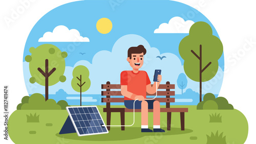 Man using solar powered charger outdoors while practicing sustainable zero waste living. Ideal for renewable energy education and eco lifestyle content