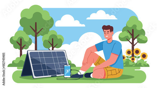 Man using solar powered charger outdoors while practicing sustainable zero waste living. Ideal for renewable energy education and eco lifestyle content