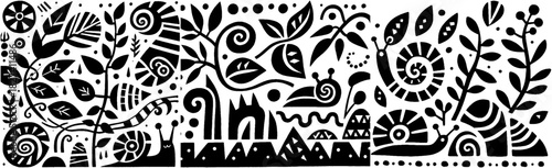 Whimsical Black and White Nature Pattern with Snails and Foliage.