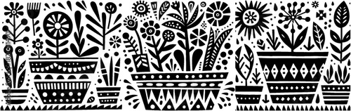 Black and White Floral Pattern with Potted Plants.