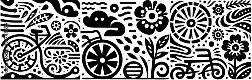 Whimsical Black and White Bicycle and Nature Pattern.