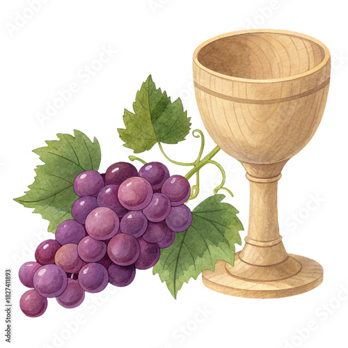 Wooden chalice and grapes, perfect for wine themes, religious imagery, or harvest festivals, evoking rustic charm and spiritual reflection in your creative projects