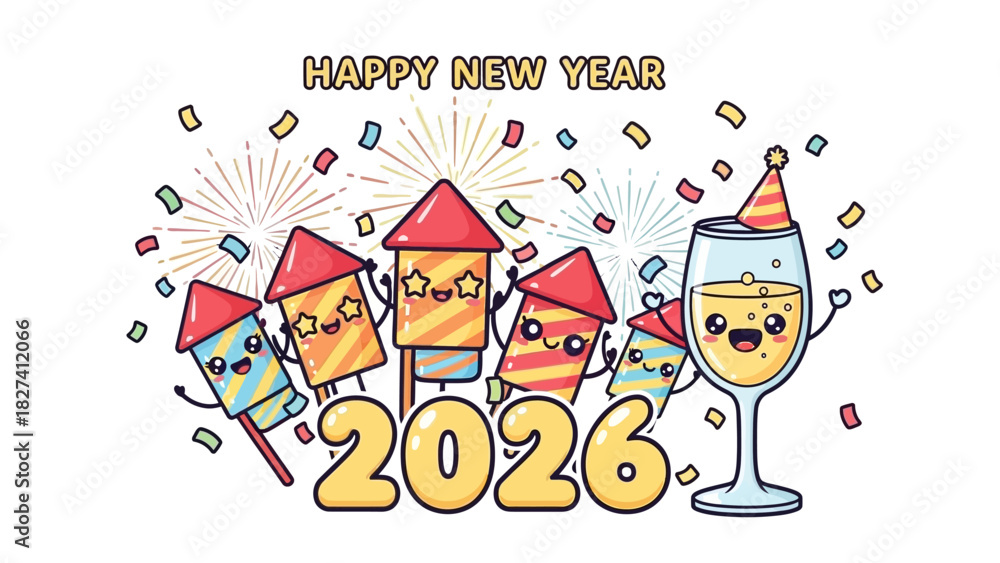 Naklejka premium Happy New Year 2026 illustration with fireworks, champagne glass, and confetti.
