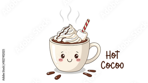 Cute hot cocoa mug with whipped cream and marshmallow illustration.
