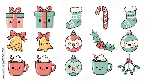 Kawaii Christmas icons: gifts, stockings, candy cane, bells, ornaments, holly, mistletoe, and hot chocolate.