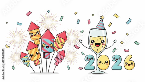 Cute cartoon image of fireworks and champagne glass celebrating 2026.