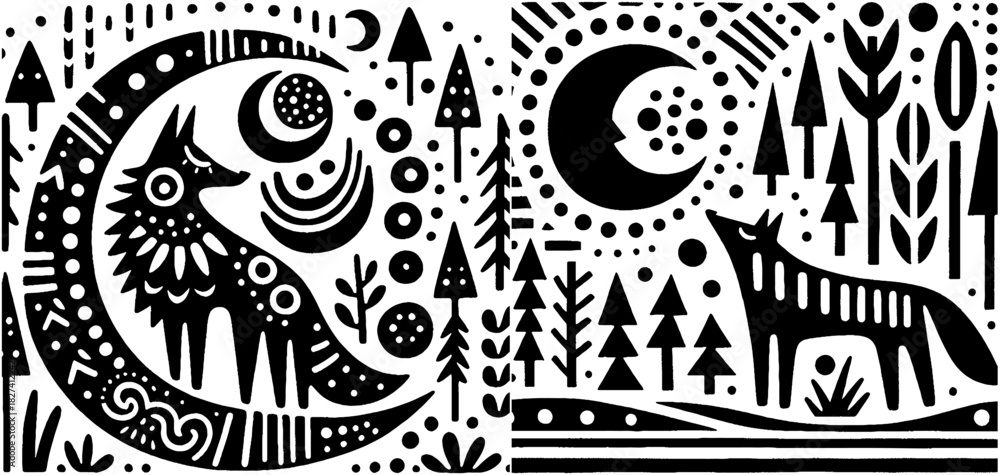 Fototapeta Monochrome folk art illustration of wolves moon and trees.