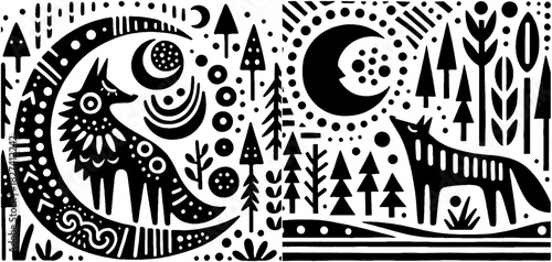 Monochrome folk art illustration of wolves moon and trees.