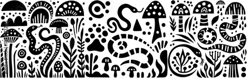 Enchanting Forest Floor: A Whimsical Black and White Botanical Illustration.