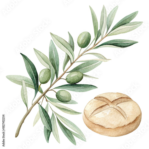 Freshly baked bread roll with a vibrant olive branch, evoking Mediterranean flavors and rustic charm for culinary designs and healthy eating concepts