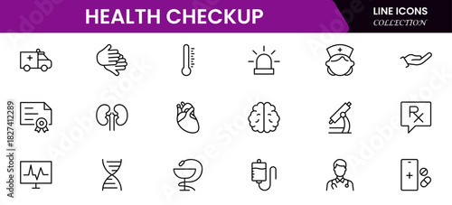 Health Checkup web icons in line style. Medicine, check up, doctor, dentistry, pharmacy, lab, scientific discovery, collection. Vector illustration.