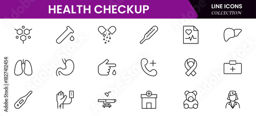 Health Checkup web icons in line style. Medicine, check up, doctor, dentistry, pharmacy, lab, scientific discovery, collection. Vector illustration.
