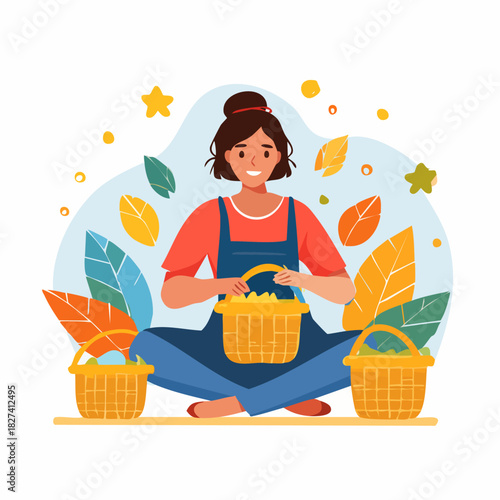 Young woman knitting outdoors amidst autumn leaves and baskets.