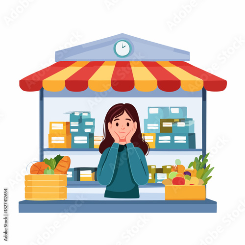Female shopkeeper standing at market stall counter.