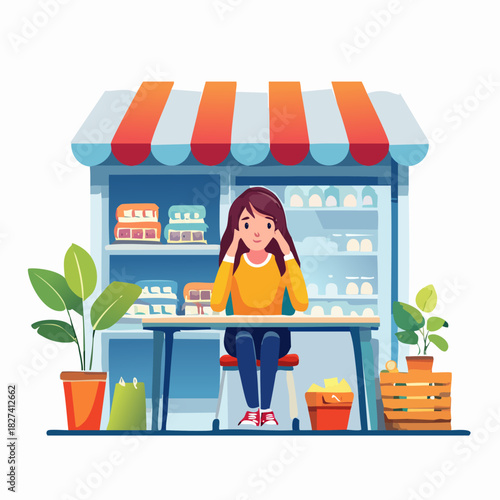 Friendly girl seller at market stall outdoors.