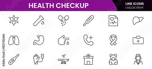 Health Checkup web icons in line style. Medicine, check up, doctor, dentistry, pharmacy, lab, scientific discovery, collection. Vector illustration.
