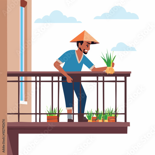 Gardener on Balcony Tending Potted Plants.