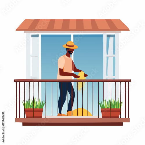 Man on Balcony Watering Plants with Yellow Can.